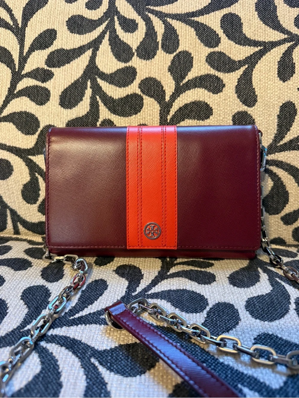 Tory Burch Burgundy Leather Crossbody with Orange Stripe